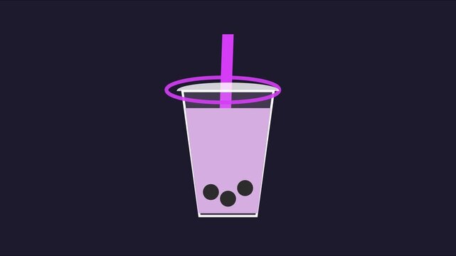 Minimalist bubble tea animation with floating tapioca pearls on dark 4k background, boba milk tea