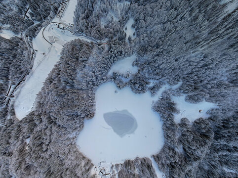Aerial view of a frozen lake surrounded by a dense snow-covered forest in the winter landscape of Oberstdorf, Bayern, Germany.