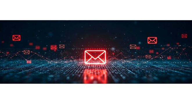 Futuristic digital email marketing network with red glowing envelope notification icons