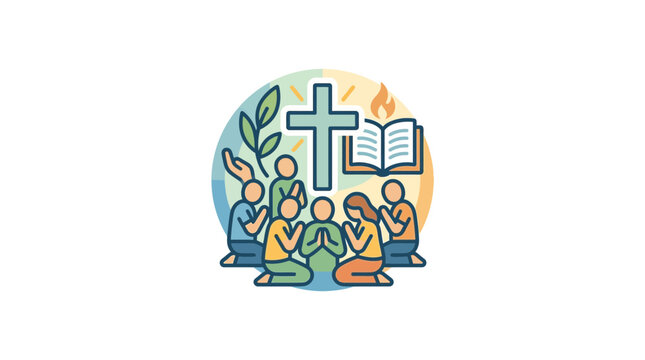 Group of diverse people kneels together in prayer around a central christian cross and an open holy bible.