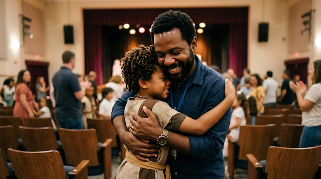 Joyful Black father and son embrace in community event celebrating heritage and diversity spring