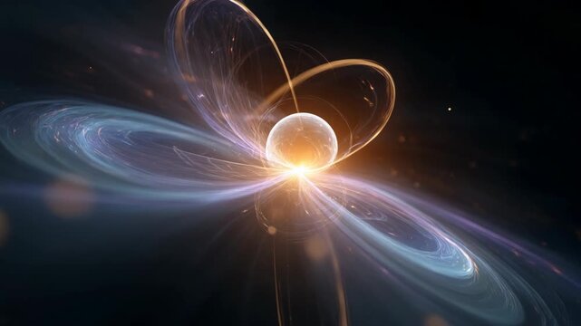 Abstract representation of an atom with swirling energy patterns. A central sphere emits light, surrounded by dynamic rings and particles. Concept of science and technology.