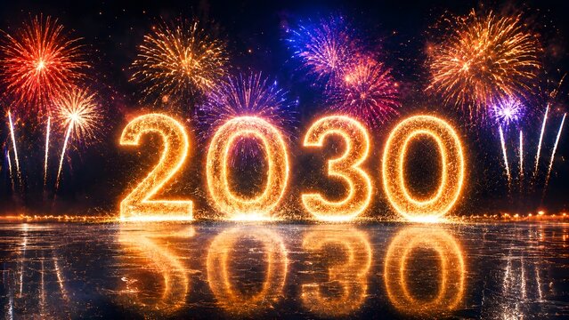Glowing 2030 Display with Fireworks in Night Sky