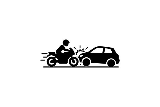 Motorcycle and car collision icon. Road traffic accident symbol showing motorbike crash with automobile, emergency, vehicle damage, and transportation safety concept. Vector illustration.