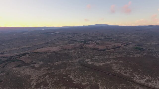 Side aerial drone view at sunset of Gamla Nature Reserve in Golan Heights. Israel
