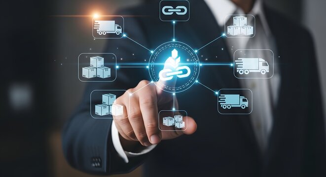 Businessman touching supply chain management network screen with icons of logistics cargo delivery shipping and global distribution network concept