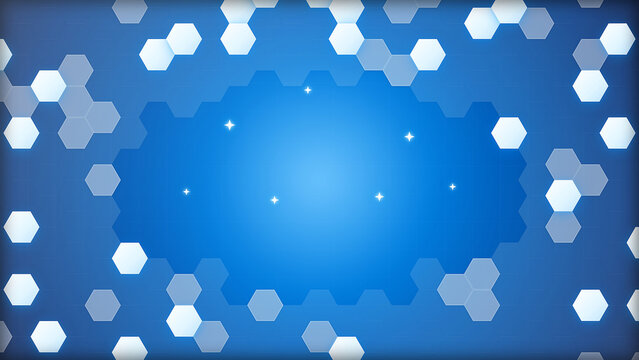 Abstract blue background with glowing hexagonal shapes and bokeh light effects.