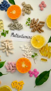 Various tablets and capsules, supplements and vitamins. Selective focus.