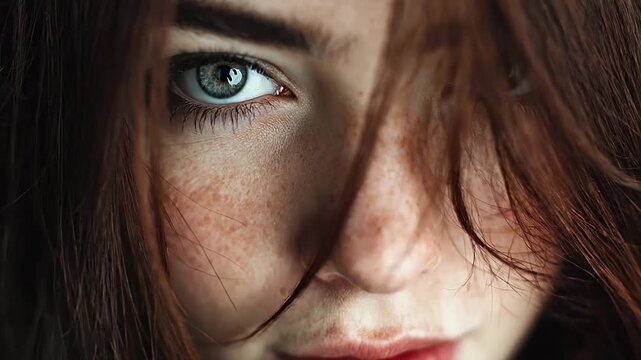 Close up portrait of freckled woman with red hair.
