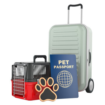 Suitcase, pet carrier and pet passport. Travel with pets, animal transportation and trip document preparation, 3D rendering