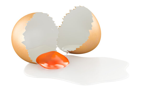 Broken chicken egg with spilled egg white and yolk. 3D rendering
