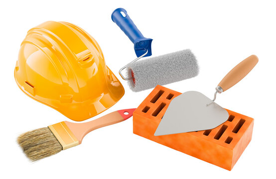 Construction tools with hard hat, brick, paint roller and trowel. 3D rendering
