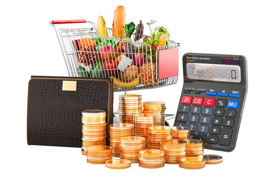 Grocery cart, calculator, wallet and coins. Representing grocery costs, inflation, household budgeting and expense planning, concept. 3d rendering