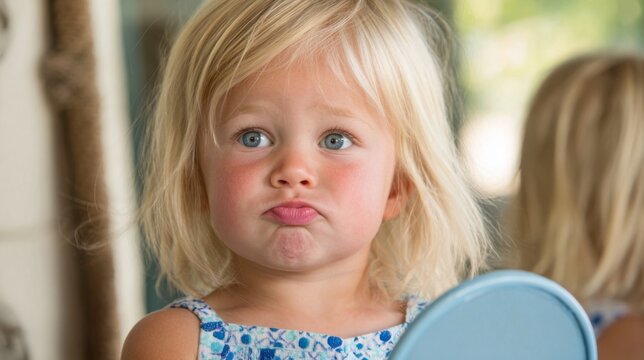 Closeup of a learner holding a handheld mirror intently observing mouth shapes while practicing vowel pronunciation in a softly blurred background.
