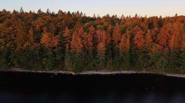 Aerial view of Stora Kasjon surrounded by dense coniferous forest during golden hour in Ojersjo, Vastra Gotaland County, Sweden.