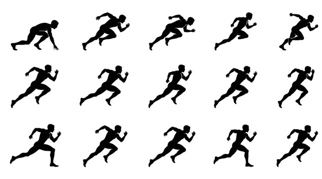 Collection of icon dynamic sprinting pose graphics featuring a runner in a sequence of dynamic sprinting pose movements for athletic design