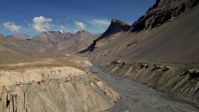 Aerial view of the rugged landscape of Spiti Valley with a winding river flowing through deep mountain canyons under a clear blue sky in Lahaul and Spiti, Himachal Pradesh, India.