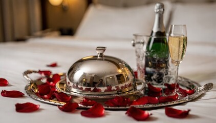 Obraz premium Special occasion room service tray elegantly arranged with a clochecovered dish rose petals and sparkling wine main objects sharply in focus rest artistically blurred