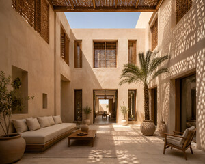 Fototapeta premium Contemporary Middle Eastern Courtyard Home With Mashrabiya Screens