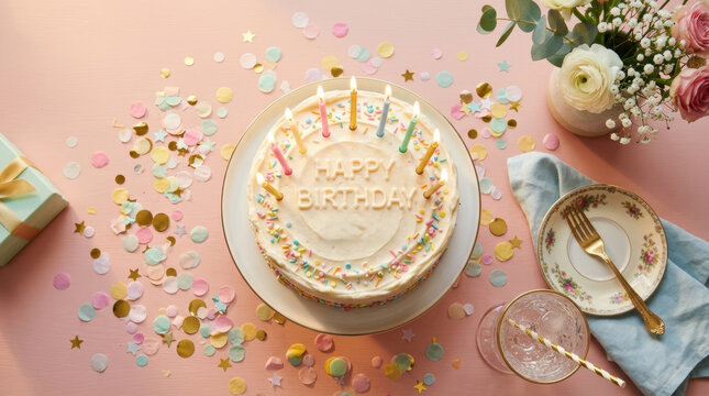 Flat lay of a Happy Birthday cake with candles surrounded by colorful confetti and gifts representing joyful birthday celebration, festive party mockup, and sweet holiday surprise.