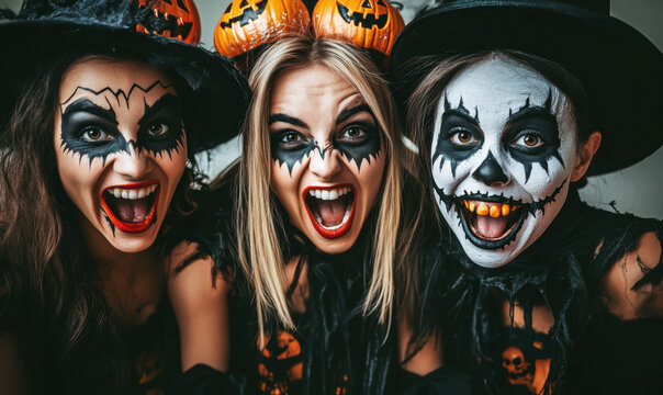 Three happy women with spooky Halloween makeup and witch hats screaming at the camera representing scary costume party, fun trick or treat event, and crazy holiday celebration.