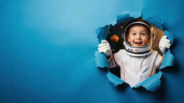 Happy little boy in an astronaut suit looking through a torn blue paper hole representing childhood space dream, creative galaxy exploration, and scientific imagination.