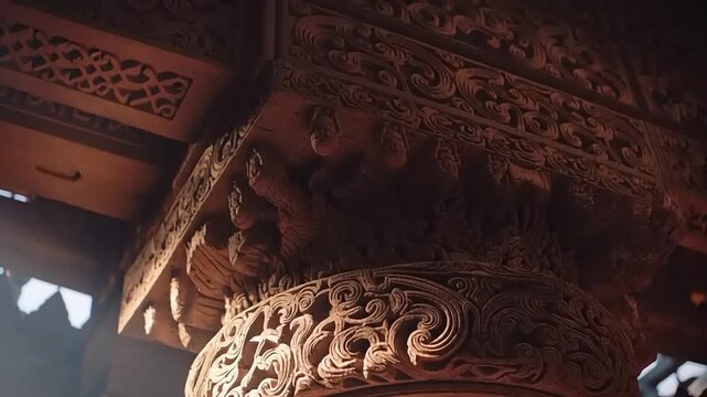 Stone pillar exhibits sophisticated craftsmanship with deeply etched patterns and ornate relief work in a historic setting.