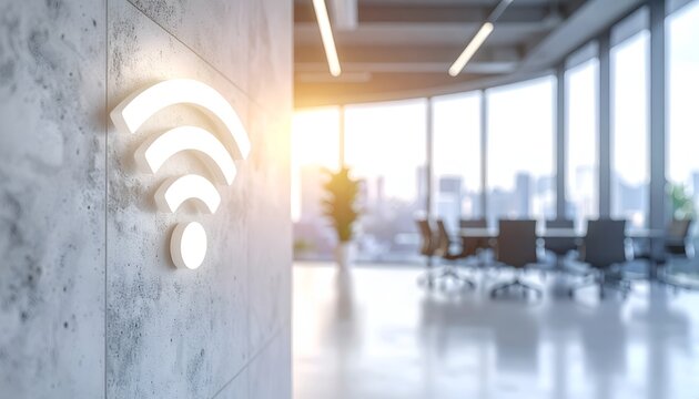 Bright WiFi sign on a textured office wall with sunlit conference room background, illustrating reliable internet access and smart office technology.
