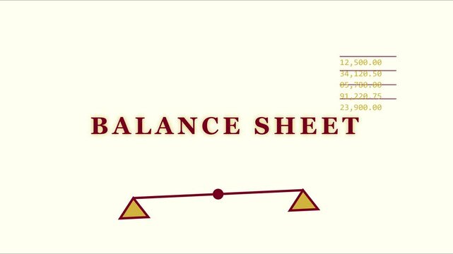 Balance sheet financial concept animation with moving scales and data numbers for accounting and corporate reporting presentations 4k