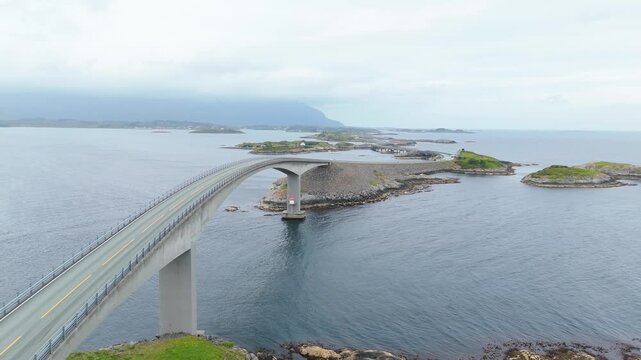 Aerial view of the Atlantic Ocean Road bridge connecting small islands across the sea in Averoy, More og Romsdal, Norway.