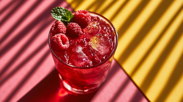Refreshing Raspberry Cocktail with Crushed Ice and Mint