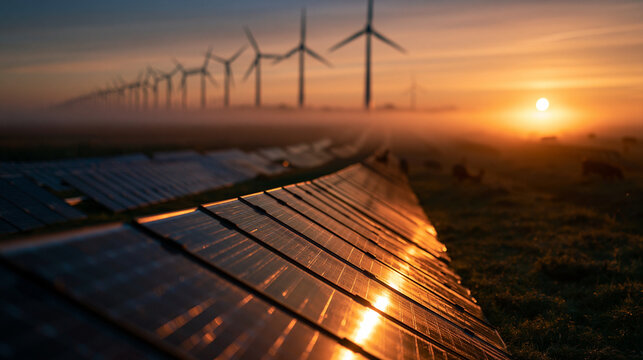 Solar Panels and Wind Turbines at Sunrise for Renewable Energy