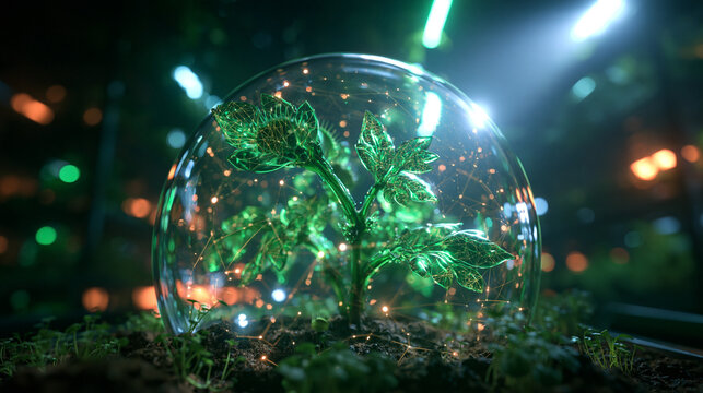 Futuristic Digital Plant Glowing Inside Glass Sphere for Agtech