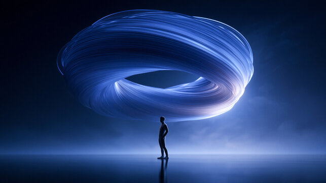 Futuristic AI Concept with Person Standing Under Glowing Light Ring