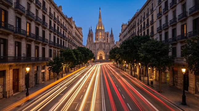 Barcelona Cathedral at Dusk with Traffic Light Trails