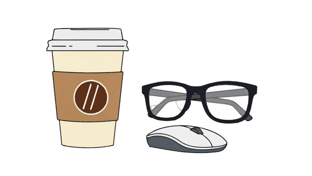 Coffee cup, eyeglasses, and computer mouse isolated on transparent background, office desk essentials