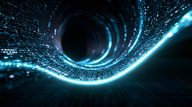Futuristic Data Stream and Glowing Cyber Particle Tunnel