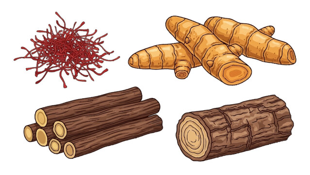 Saffron, Turmeric Roots, Licorice Sticks, and Wood Log Isolated on Transparent Background