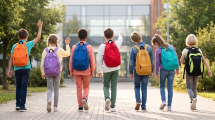 Obraz premium Children Walking to School With Colorful Backpacks Representing Education, Friendship and New Academic Year