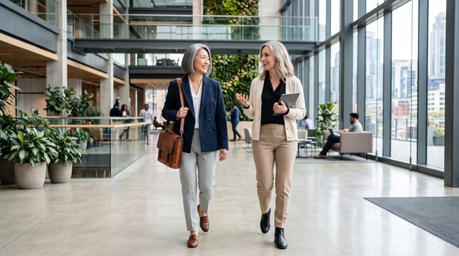Two middle-aged businesswomen walk side-by-side through a bright contemporary office atrium while enjoying a professional conversation