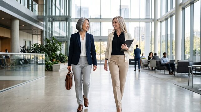 Two middle-aged businesswomen walk side-by-side through a bright contemporary office atrium while enjoying a professional conversation