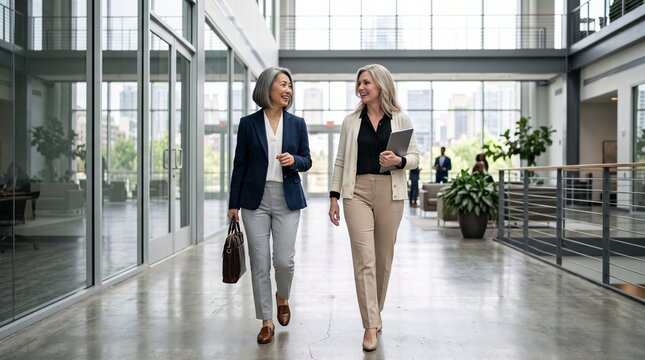 Two middle-aged businesswomen walk side-by-side through a bright contemporary office atrium while enjoying a professional conversation