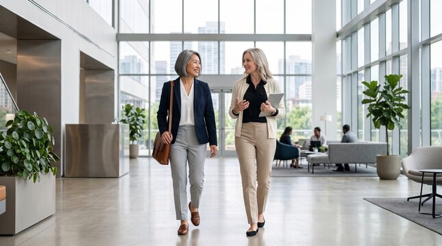 Two middle-aged businesswomen walk side-by-side through a bright contemporary office atrium while enjoying a professional conversation