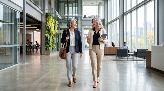 Two middle-aged businesswomen walk side-by-side through a bright contemporary office atrium while enjoying a professional conversation