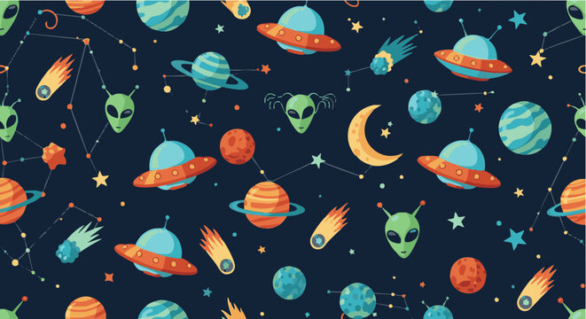 Seamless space pattern with alien heads ufo and colorful planets