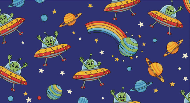 Cartoon space pattern with aliens in flying saucers and planets