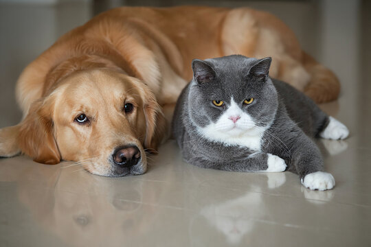 A British Shorthair cat with grey and white fur lying next to a Golden Retriever on a smooth indoor floor, cat looking slightly grumpy, dog resting head on paws with gentle expression.