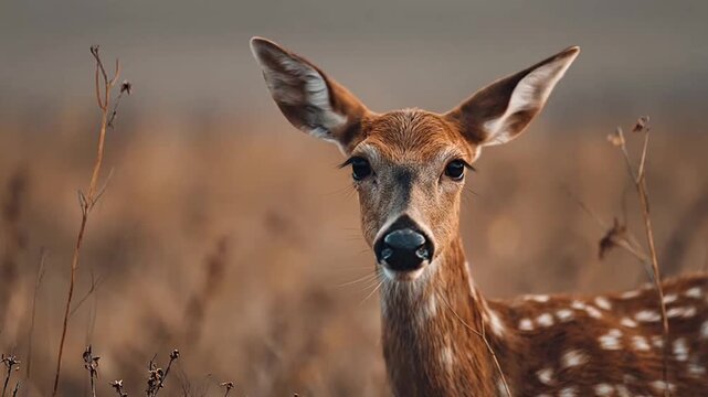 Young white tailed deer fawn looking at camera in field