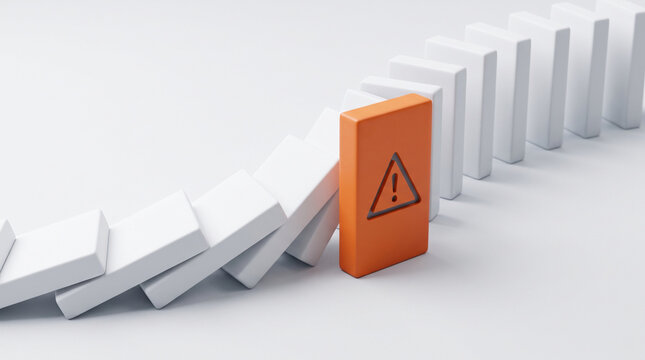 Risk management strategy showing an orange warning block stopping falling dominoes representing crisis prevention and business security