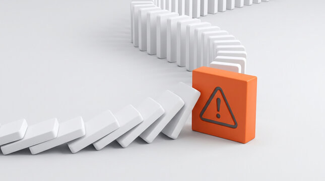 Supply chain risk management concept featuring a warning block interrupting a long line of falling dominoes symbolizing crisis prevention